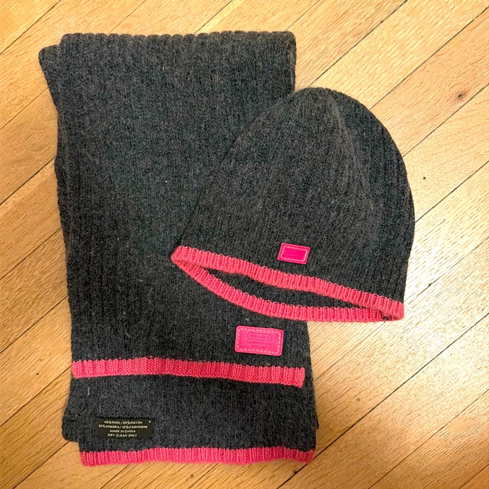Coach wool/cashmere/angora winter scarf, hat, and glove set